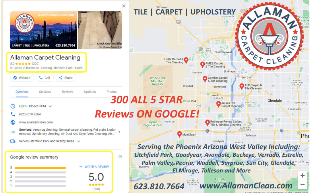 Congrats Allaman Carpet, Tile & Upholstery Cleaning on Achieving 300 ALL 5 Star Reviews on Google
